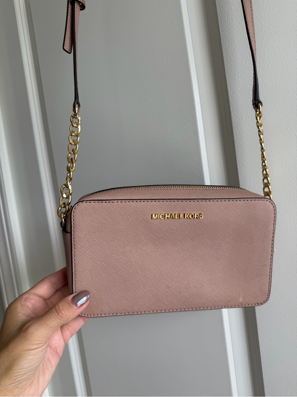 Michael Kors Blush Pink Leather Crossbody Camera Bag with Gold Chain